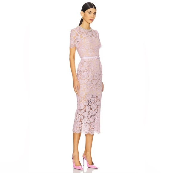NEW Self-Portrait Fine Lace Pearl Midi Dress in Pink | UK 10 / US 6 - Picture 5 of 16